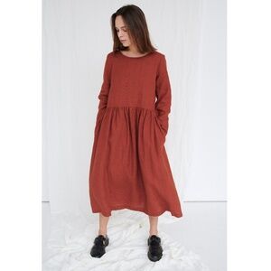 LINENFOX Alice 100% Linen Long Sleeve Midi Dress in Terracotta - S